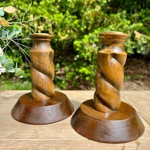 Vintage MCM Chunky Wood Twist Candle Holders | Set of 2